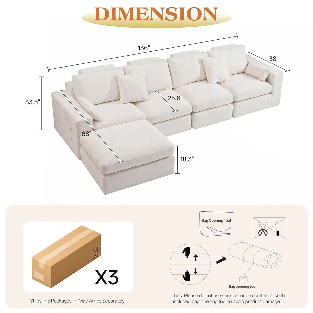Ergonomic Cloud Sectional Sofa — 27" Deep Seats, Anti-Slip Modules