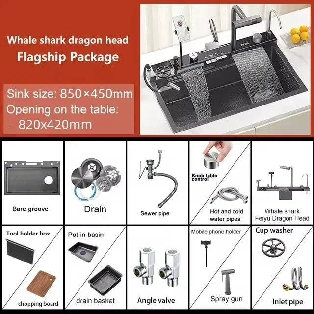 Luxury Multifunctional Waterfall Kitchen Sink – Nano-Coated Stainless Steel Workstation with Faucet