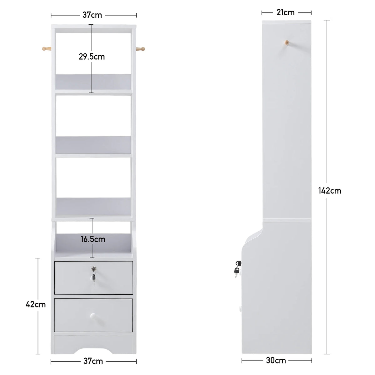 Slim White Storage Cabinet — 3-Tier Shelf & Lockable Drawer