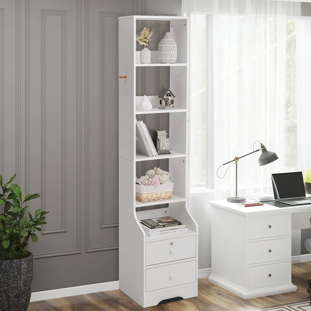 Slim White Storage Cabinet — 3-Tier Shelf & Lockable Drawer