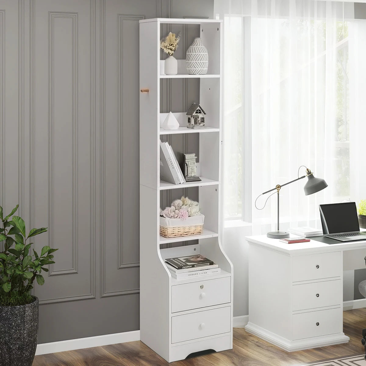 Slim White Storage Cabinet — 3-Tier Shelf & Lockable Drawer