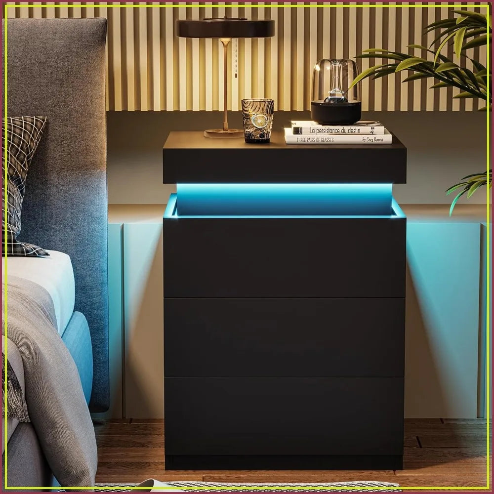 Smart Nightstand with Charging Station, LED Light & Storage