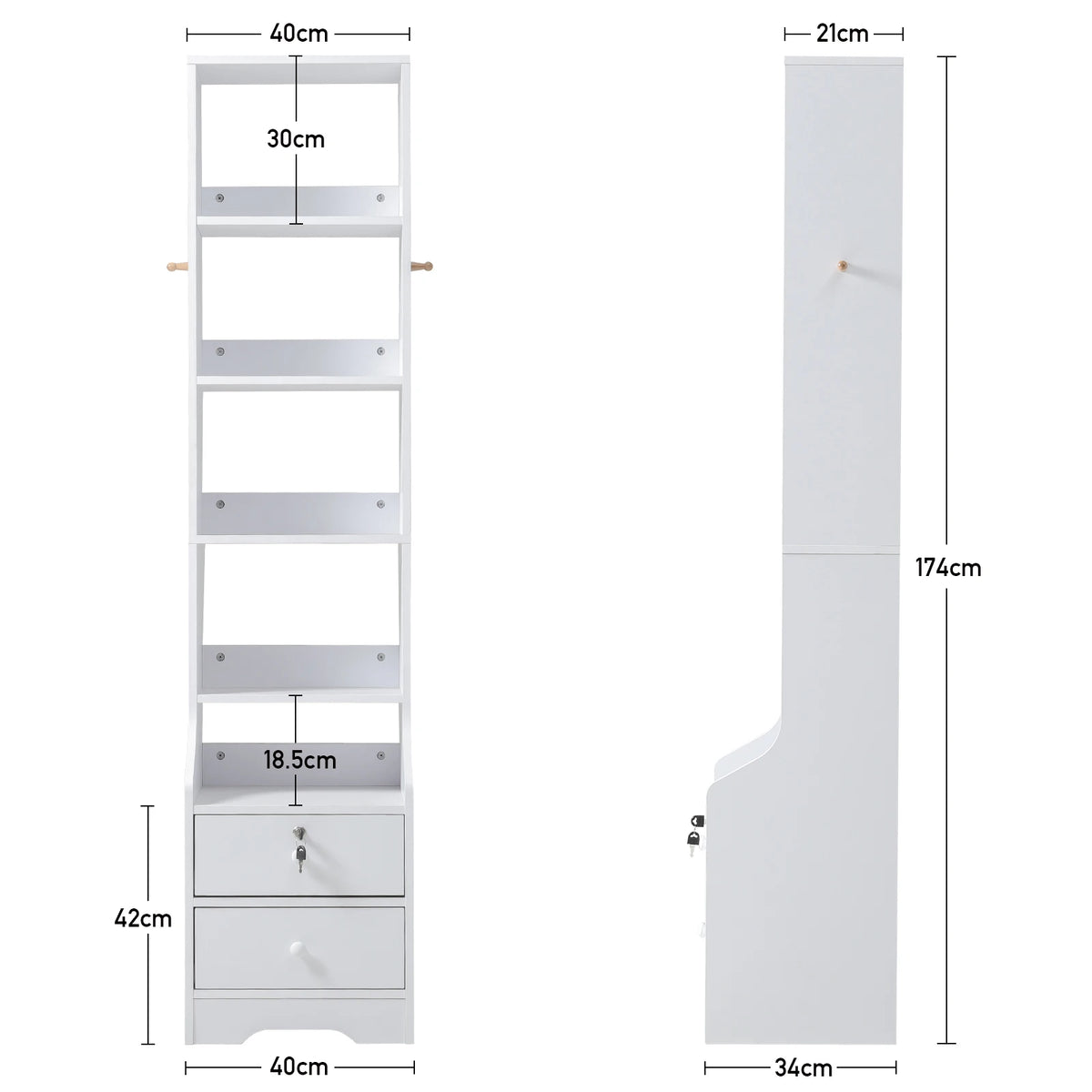 Slim White Storage Cabinet — 3-Tier Shelf & Lockable Drawer