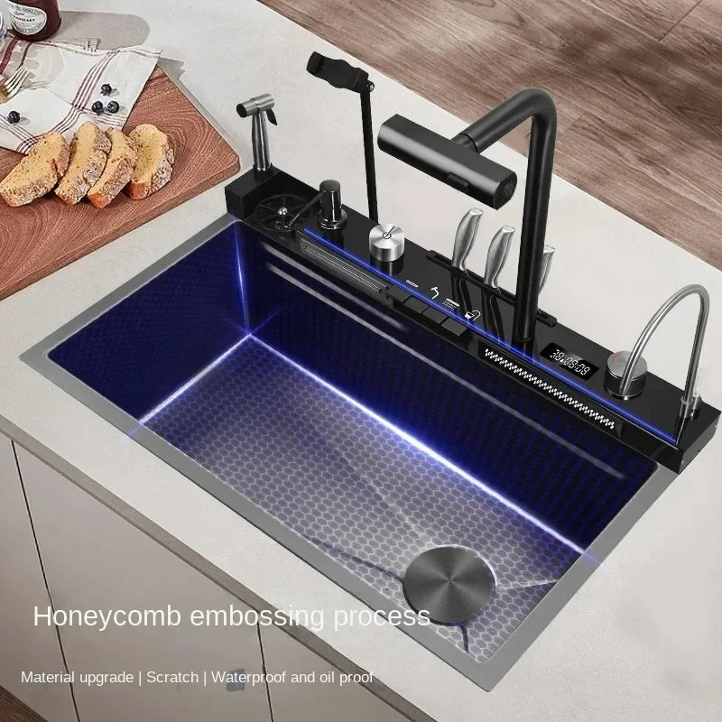 Luxury Multifunctional Waterfall Kitchen Sink – Nano-Coated Stainless Steel Workstation with Faucet