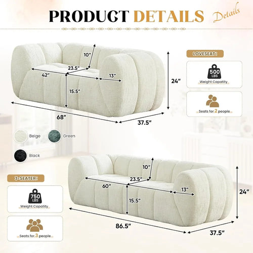 2-Piece L-Shaped Sectional Sofa Set — Deep Seat Cloud Chenille Couch