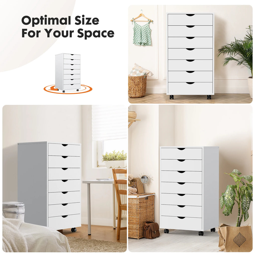 7-Drawer Storage Dresser on Wheels — Slim Wood Organizer Cabinet