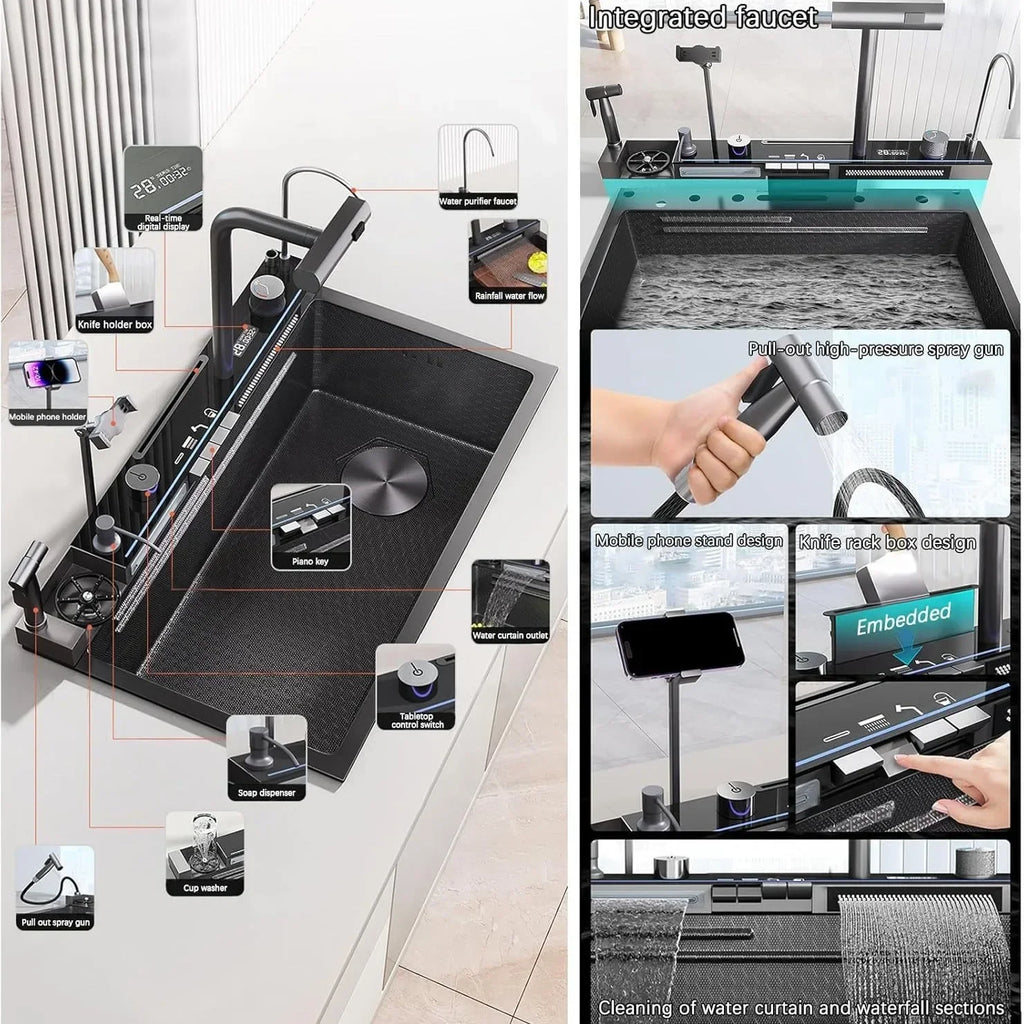 Luxury Multifunctional Waterfall Kitchen Sink – Nano-Coated Stainless Steel Workstation with Faucet