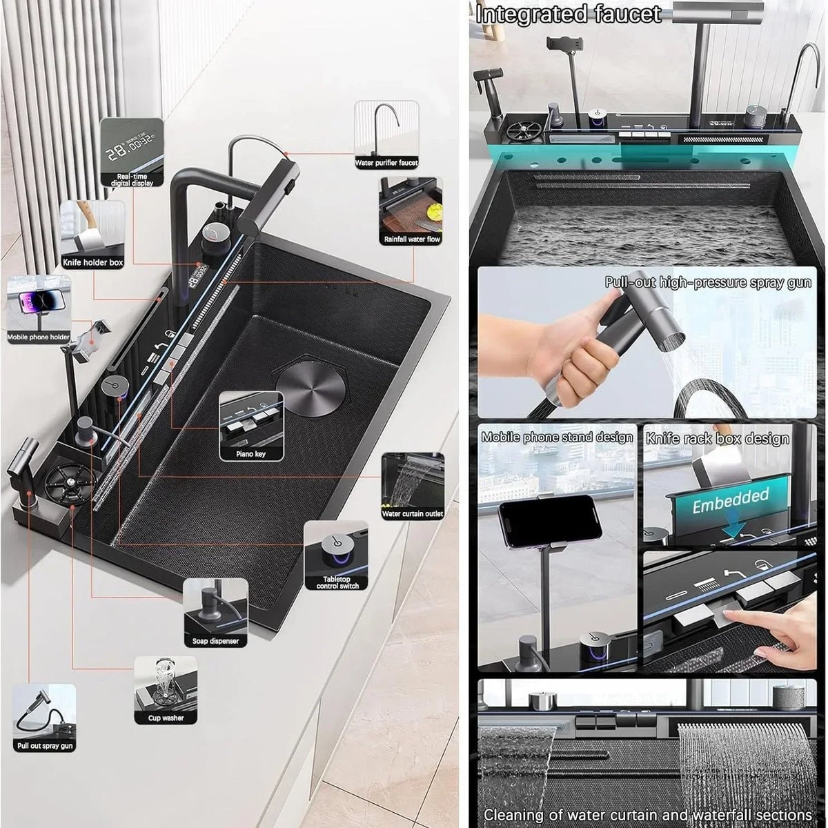 Luxury Multifunctional Waterfall Kitchen Sink – Nano-Coated Stainless Steel Workstation with Faucet