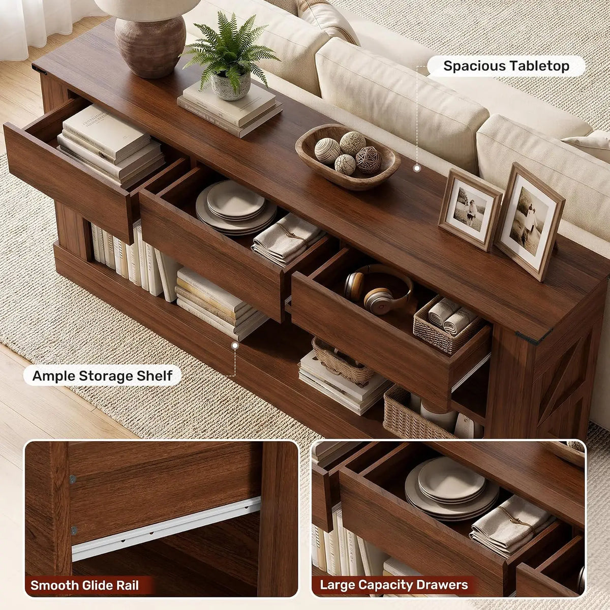 63" Walnut Console Table with 3 Drawers & LED Light