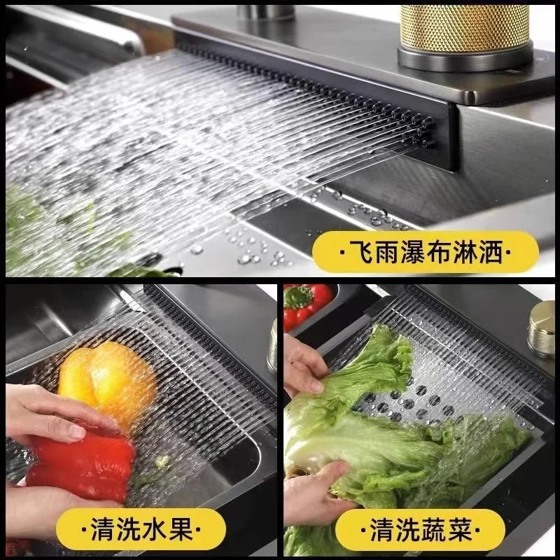 Luxury Honeycomb Nano 304 Stainless Steel Kitchen Sink – 3-Mode Pull-Out Faucet Workstation