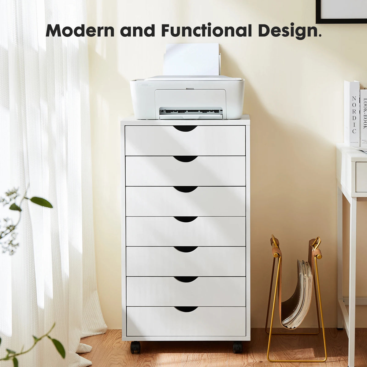 7-Drawer Storage Dresser on Wheels — Slim Wood Organizer Cabinet