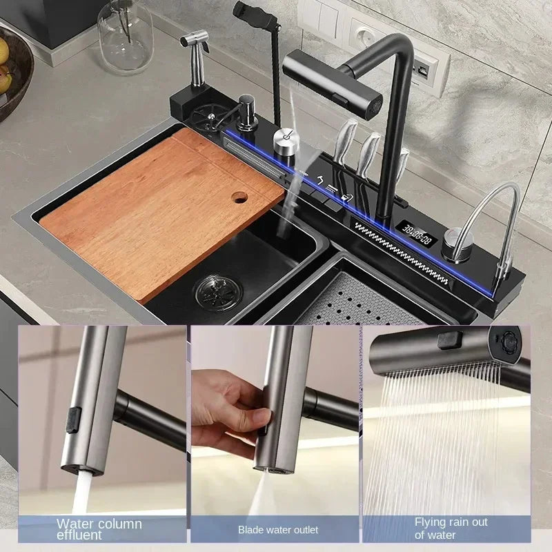 Luxury Multifunctional Waterfall Kitchen Sink – Nano-Coated Stainless Steel Workstation with Faucet