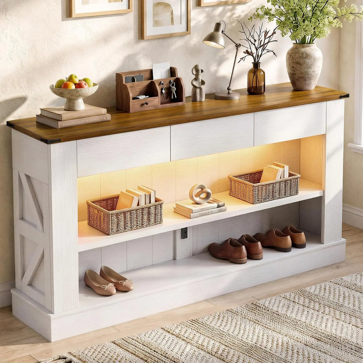 63" Walnut Console Table with 3 Drawers & LED Light