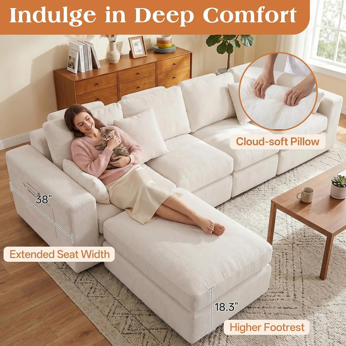 Ergonomic Cloud Sectional Sofa — 27" Deep Seats, Anti-Slip Modules