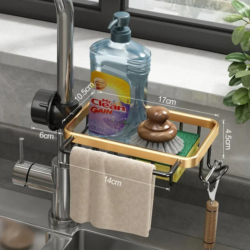 180° Rotating Aluminum Faucet Organizer Rack – Space-Saving Kitchen & Bathroom Storage