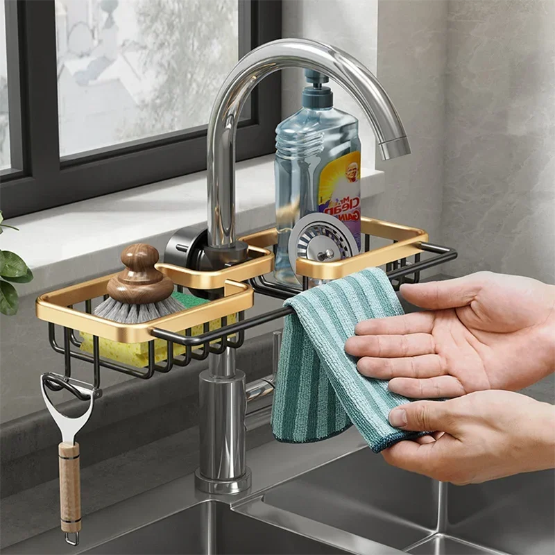 180° Rotating Aluminum Faucet Organizer Rack – Space-Saving Kitchen & Bathroom Storage