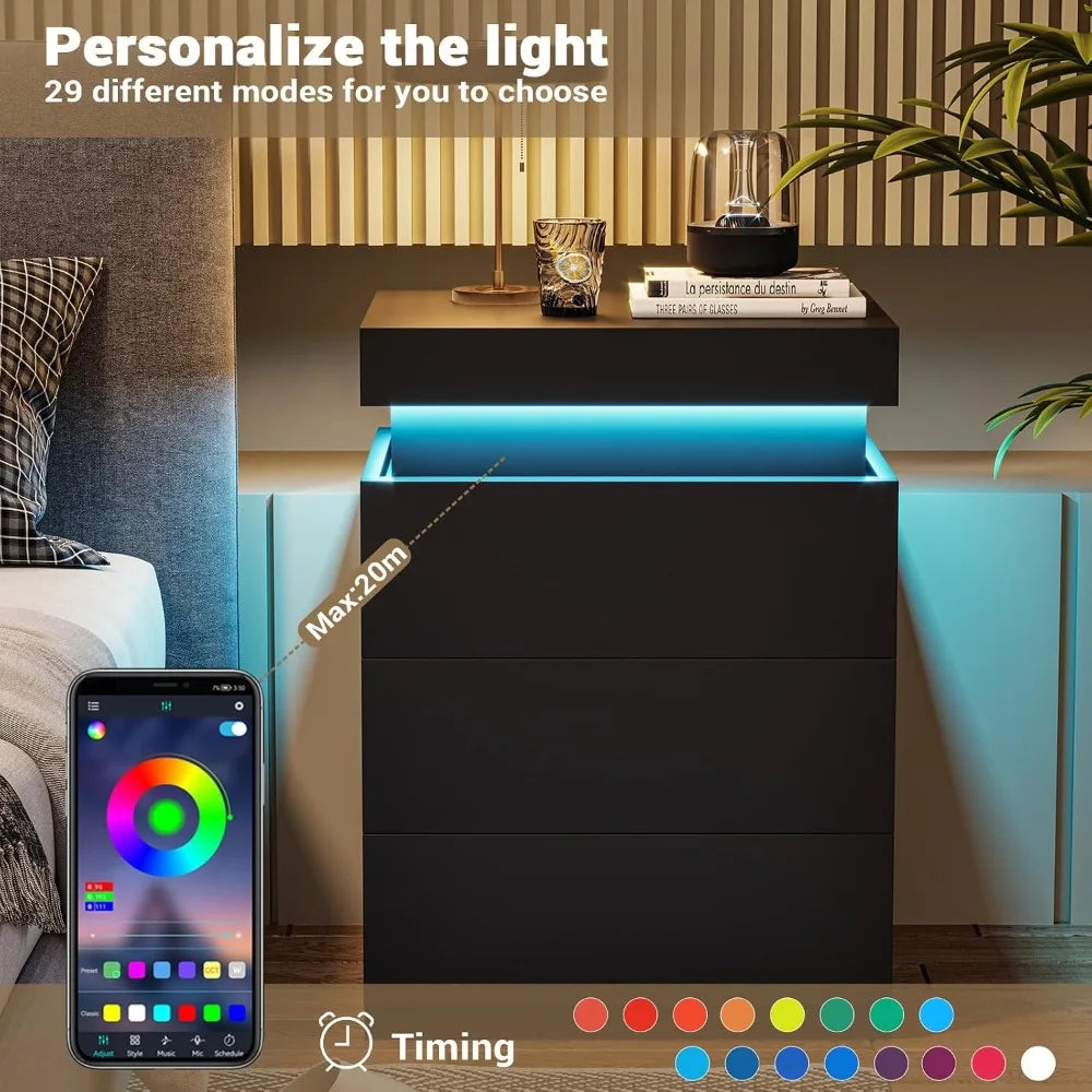 Smart Nightstand with Charging Station, LED Light & Storage