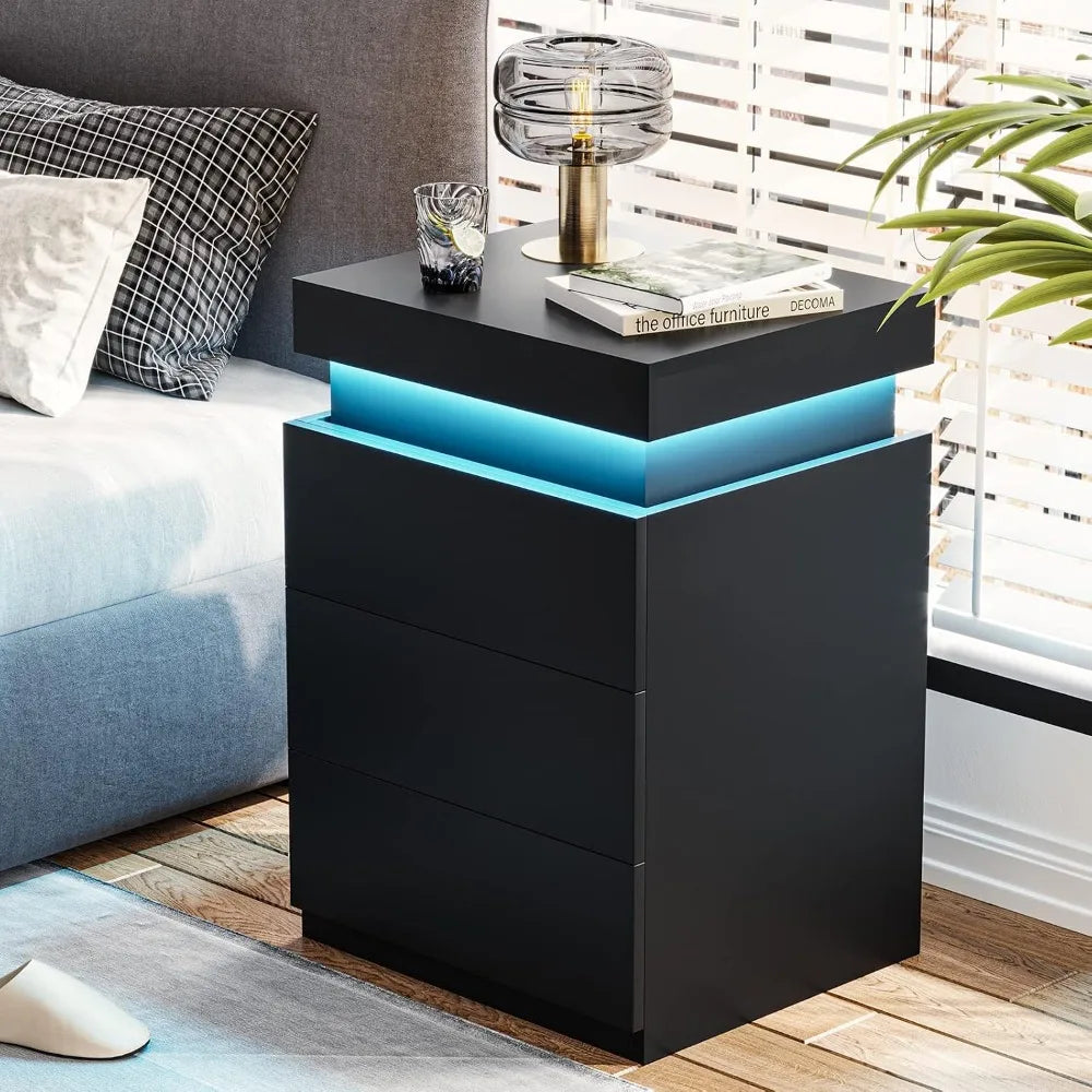 Smart Nightstand with Charging Station, LED Light & Storage