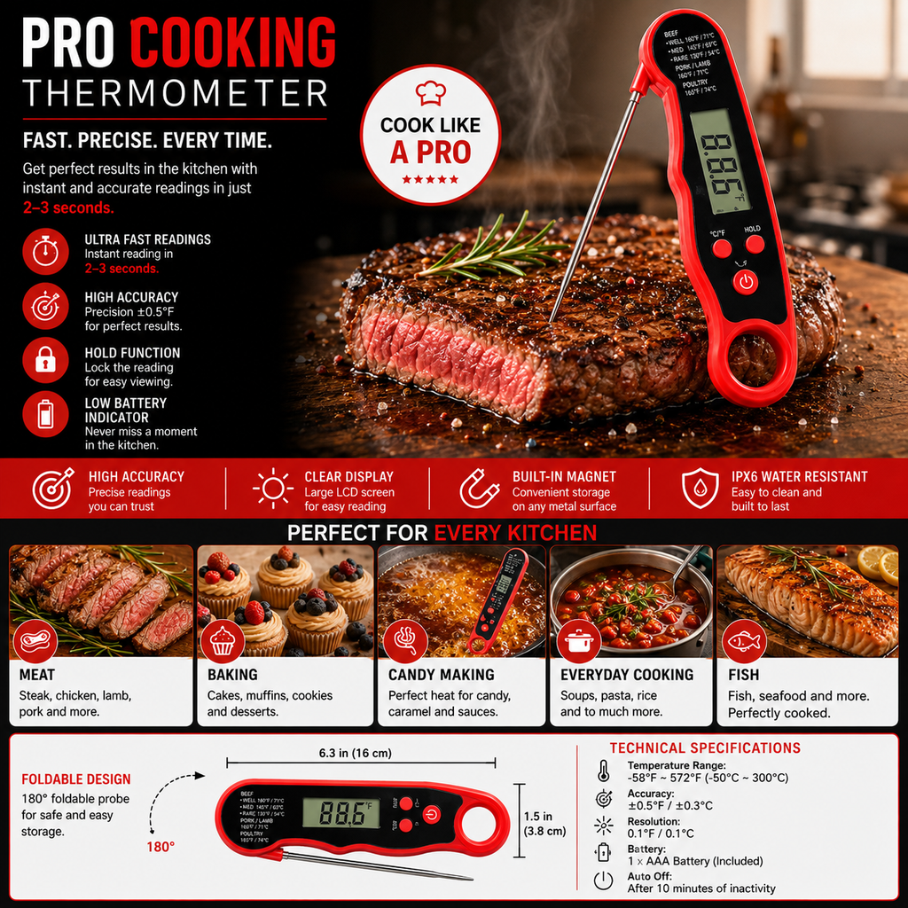 Digital Food Thermometer – Instant-Read with Backlit Display
