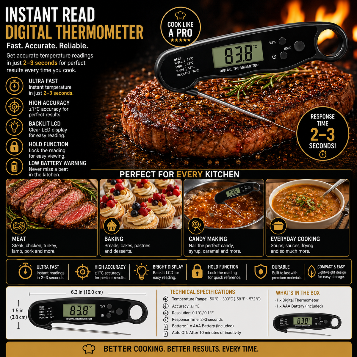 Digital Food Thermometer – Instant-Read with Backlit Display