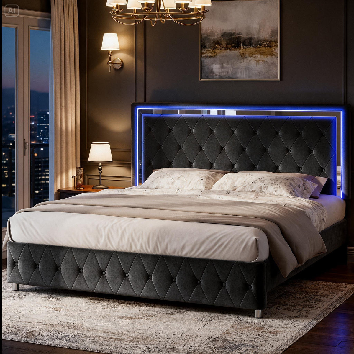 Queen Bed Frame with RGB LED Velvet Headboard