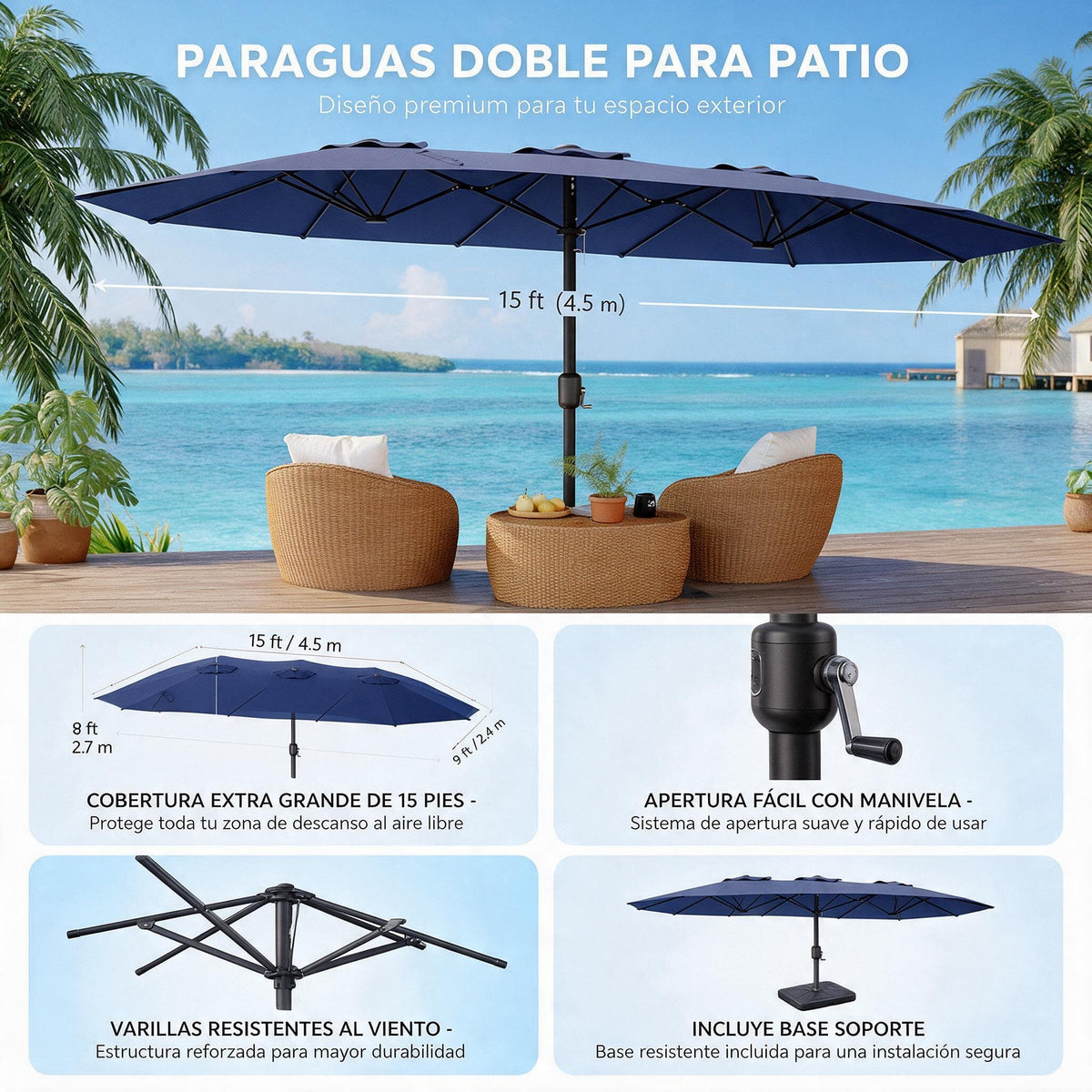 15FT Double-Sided Patio Umbrella with Base, UV-Resistant