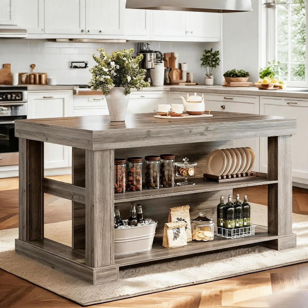 55" Farmhouse Kitchen Island with 3-Tier Storage & Large Countertop