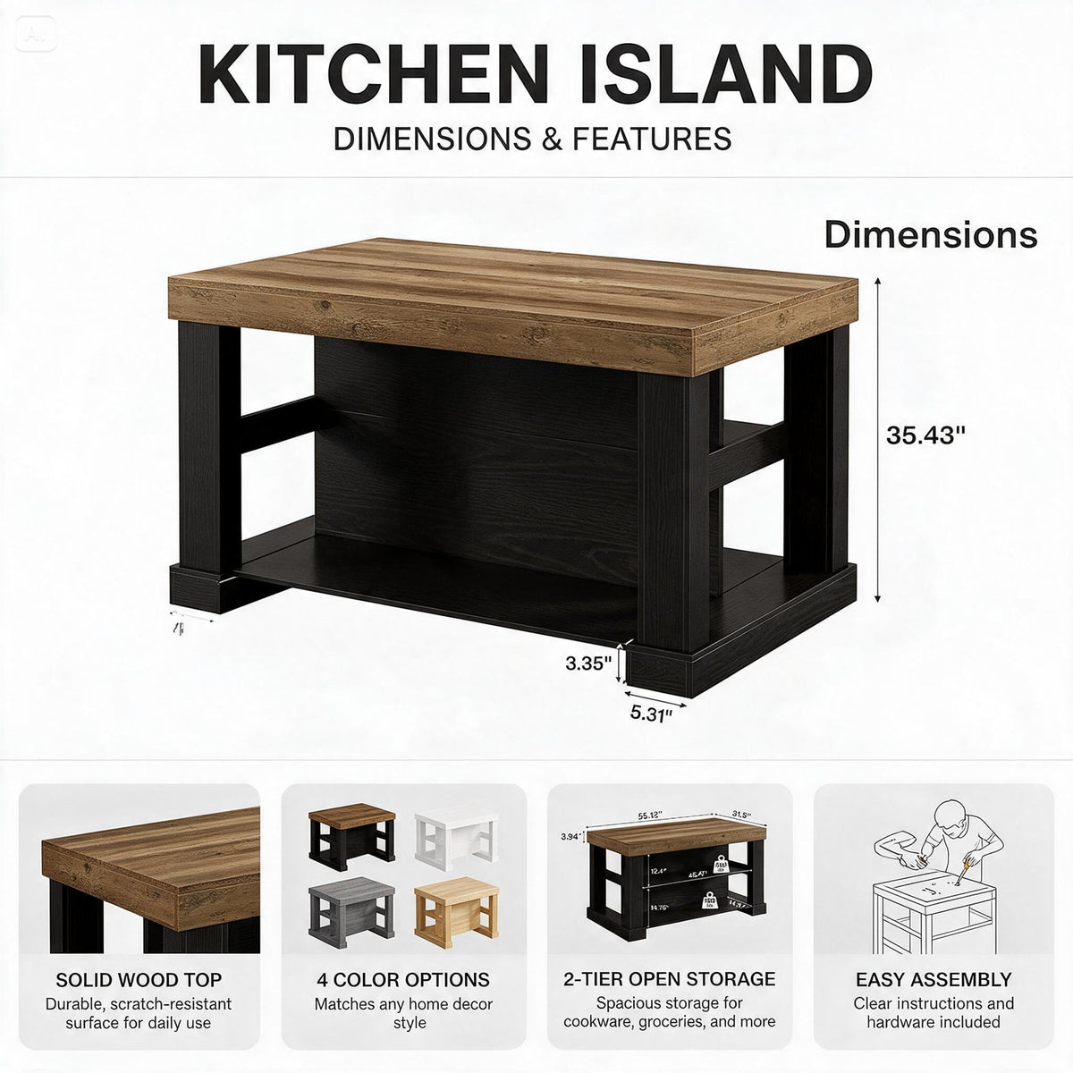 55" Farmhouse Kitchen Island with 3-Tier Storage & Large Countertop