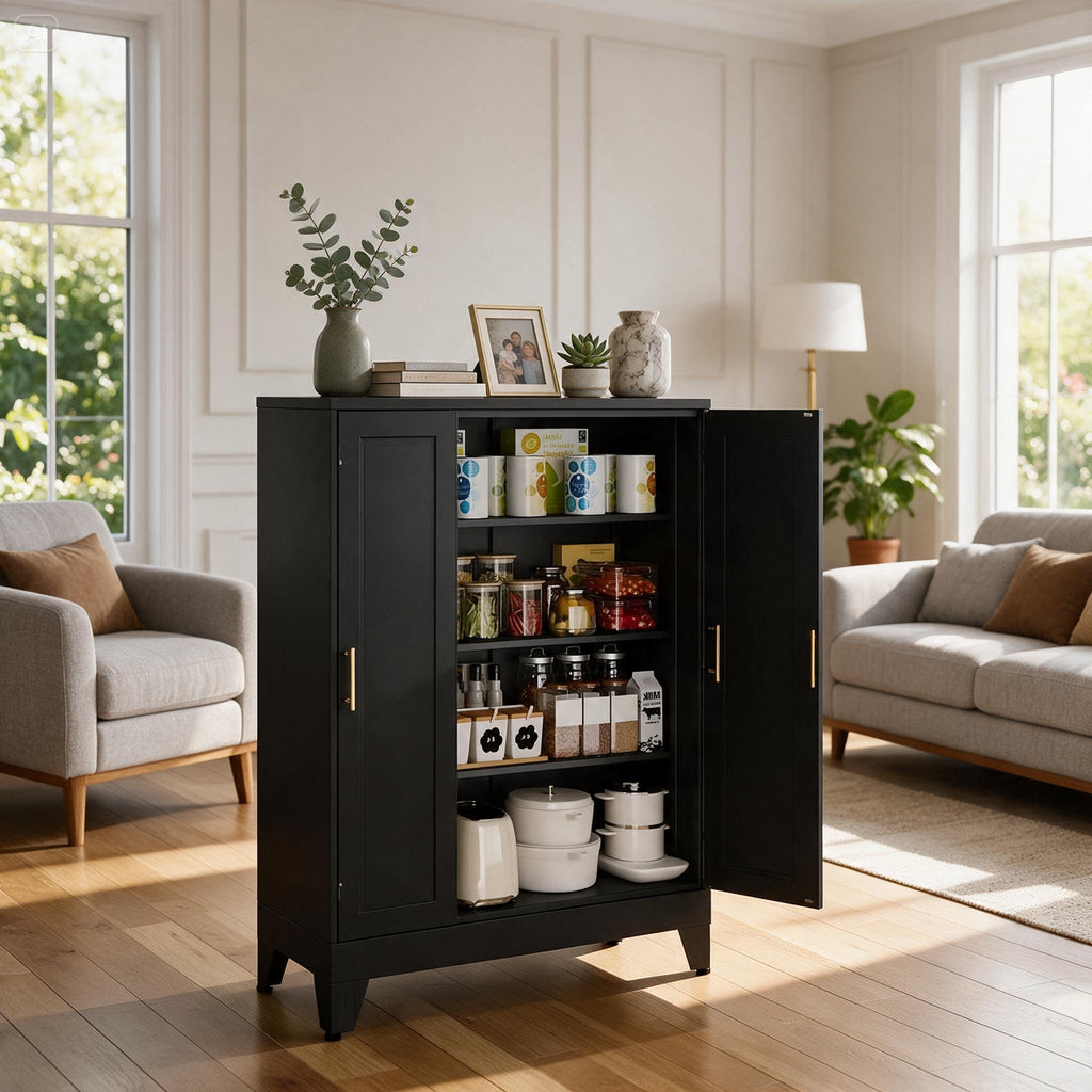48" Black Steel Pantry Cabinet with Adjustable Shelves