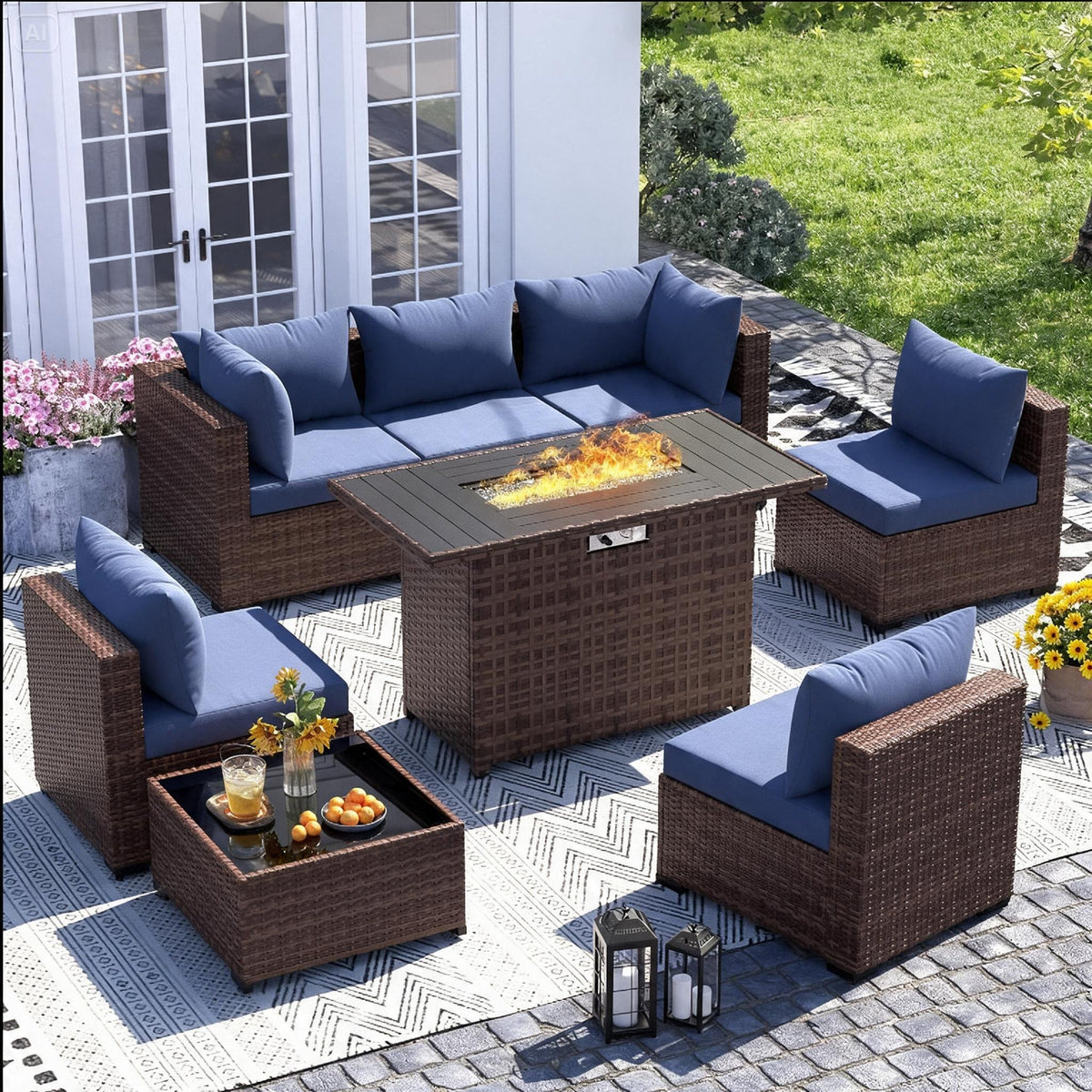 8-Piece Wicker Patio Sectional Set with Fire Pit Table