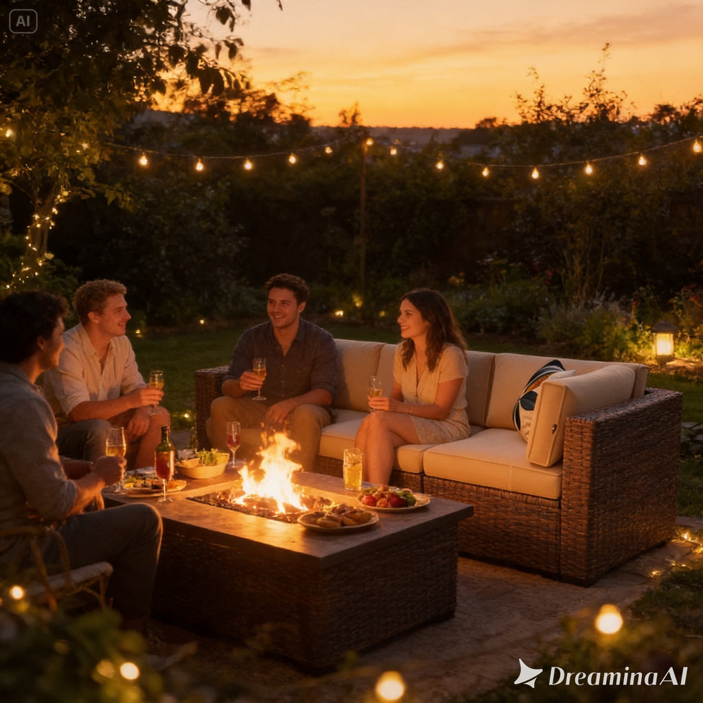 8-Piece Rattan Patio Set with 44" Propane Fire Pit Table