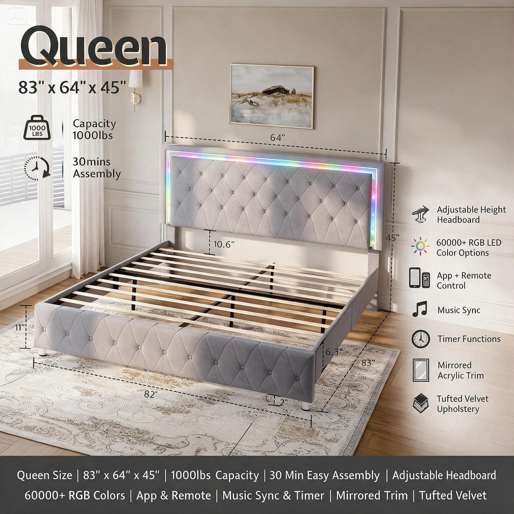 Queen Bed Frame with RGB LED Velvet Headboard