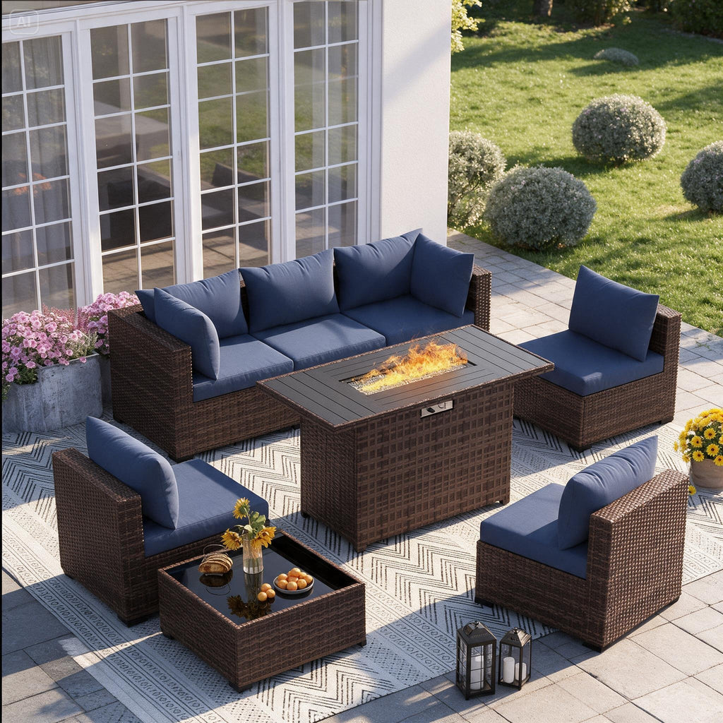 8-Piece Wicker Patio Sectional Set with Fire Pit Table