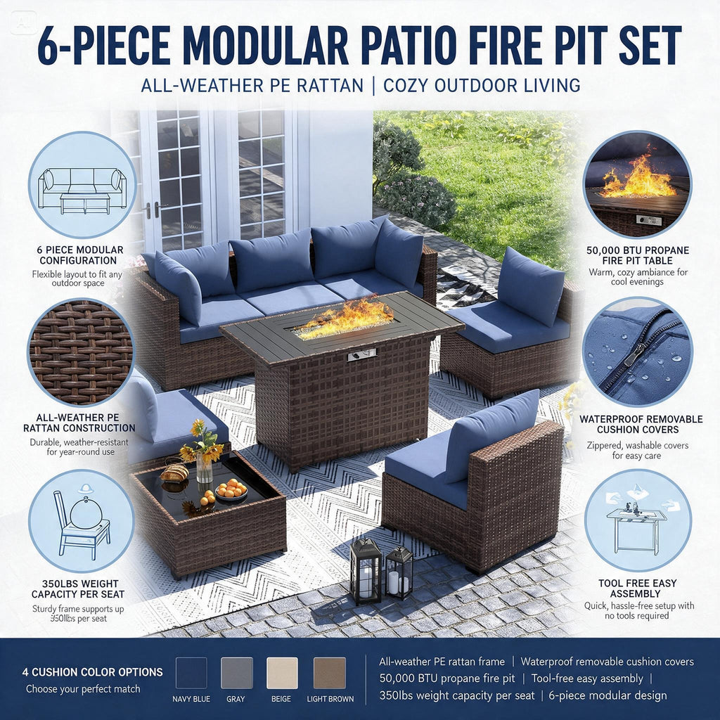 8-Piece Wicker Patio Sectional Set with Fire Pit Table