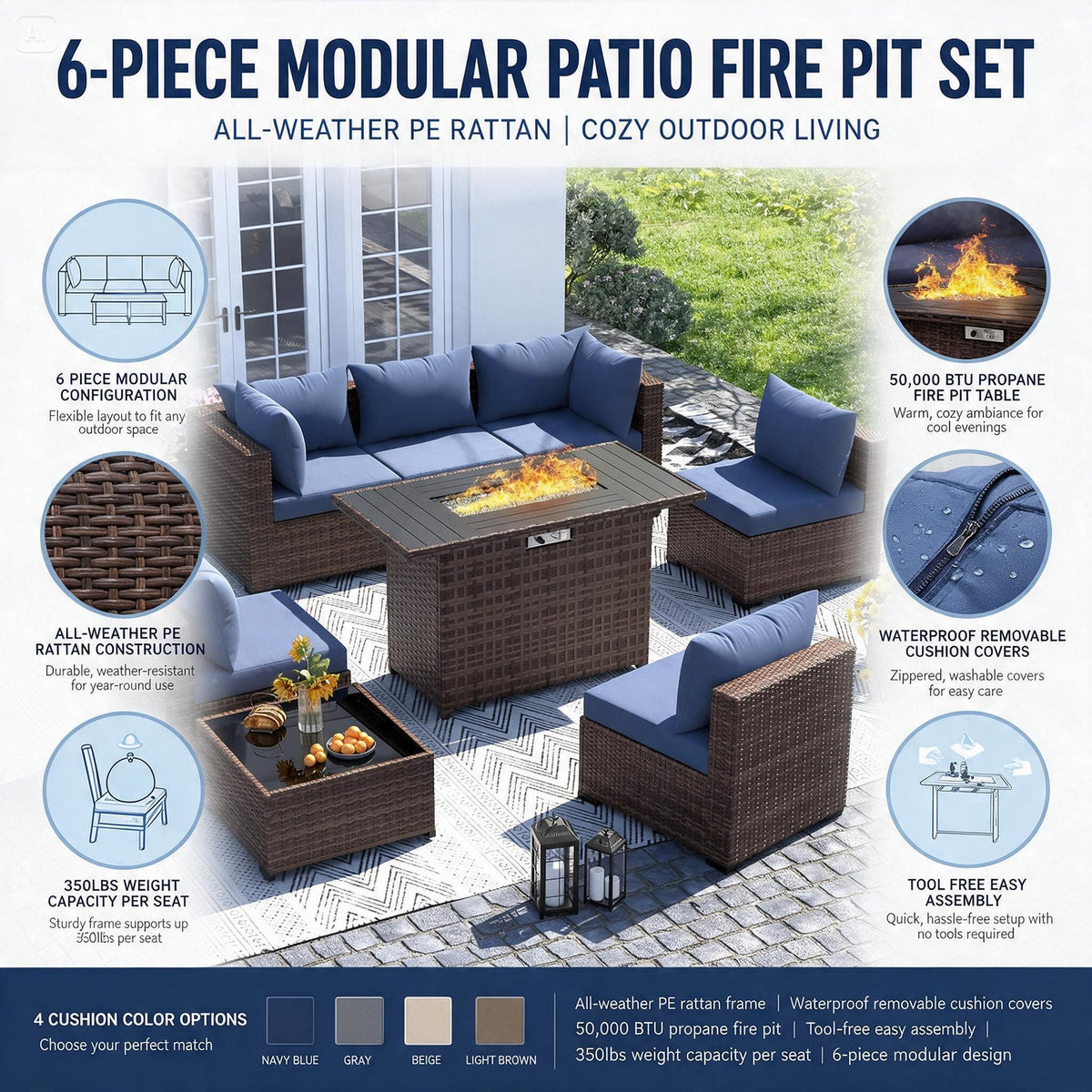 8-Piece Wicker Patio Sectional Set with Fire Pit Table
