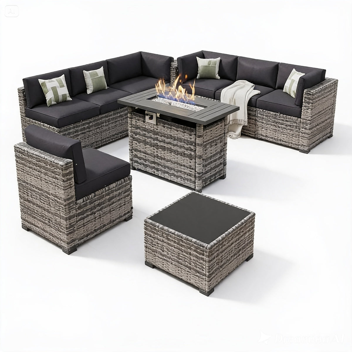 8-Piece Rattan Patio Set with 44" Propane Fire Pit Table