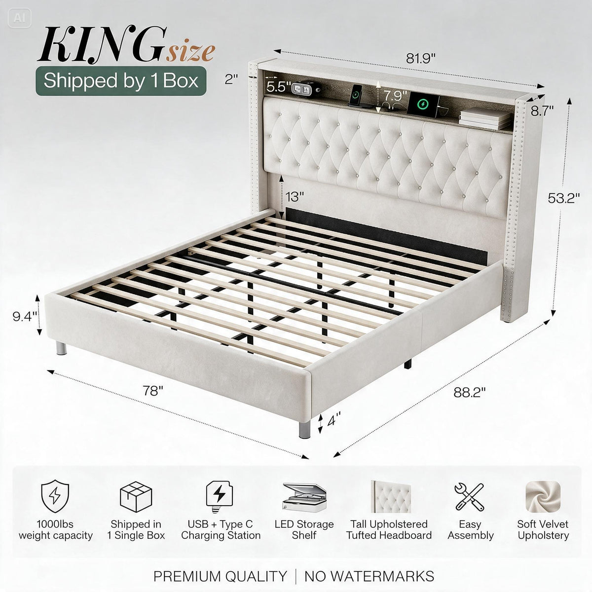 King Bed Frame with 53" Velvet Headboard, RGB LED & USB Charging Ports