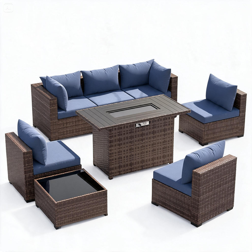 8-Piece Wicker Patio Sectional Set with Fire Pit Table