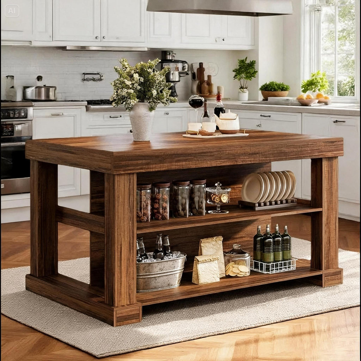 55" Farmhouse Kitchen Island with 3-Tier Storage & Large Countertop
