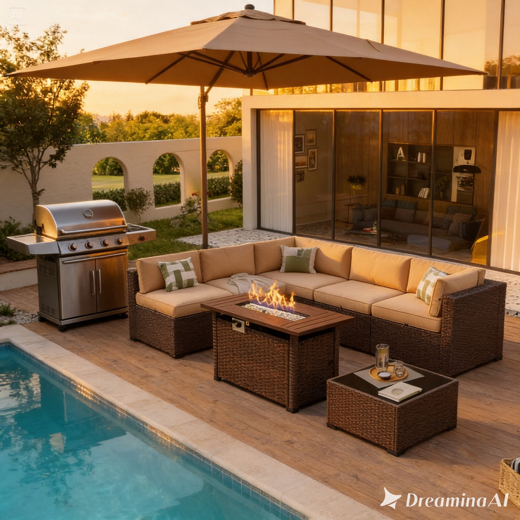 8-Piece Rattan Patio Set with 44" Propane Fire Pit Table