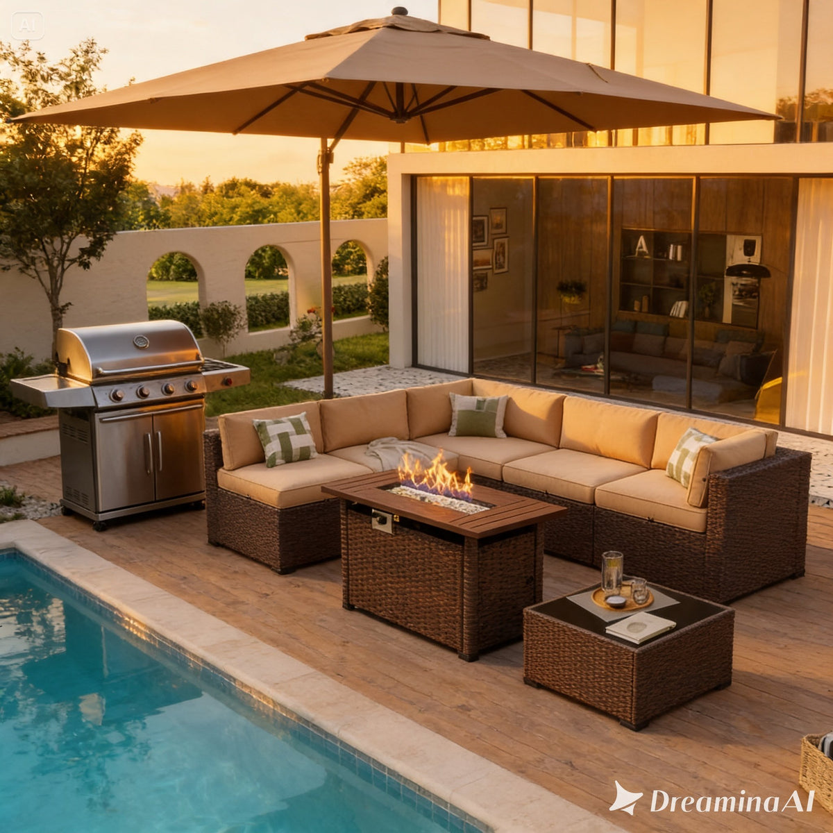 8-Piece Rattan Patio Set with 44" Propane Fire Pit Table