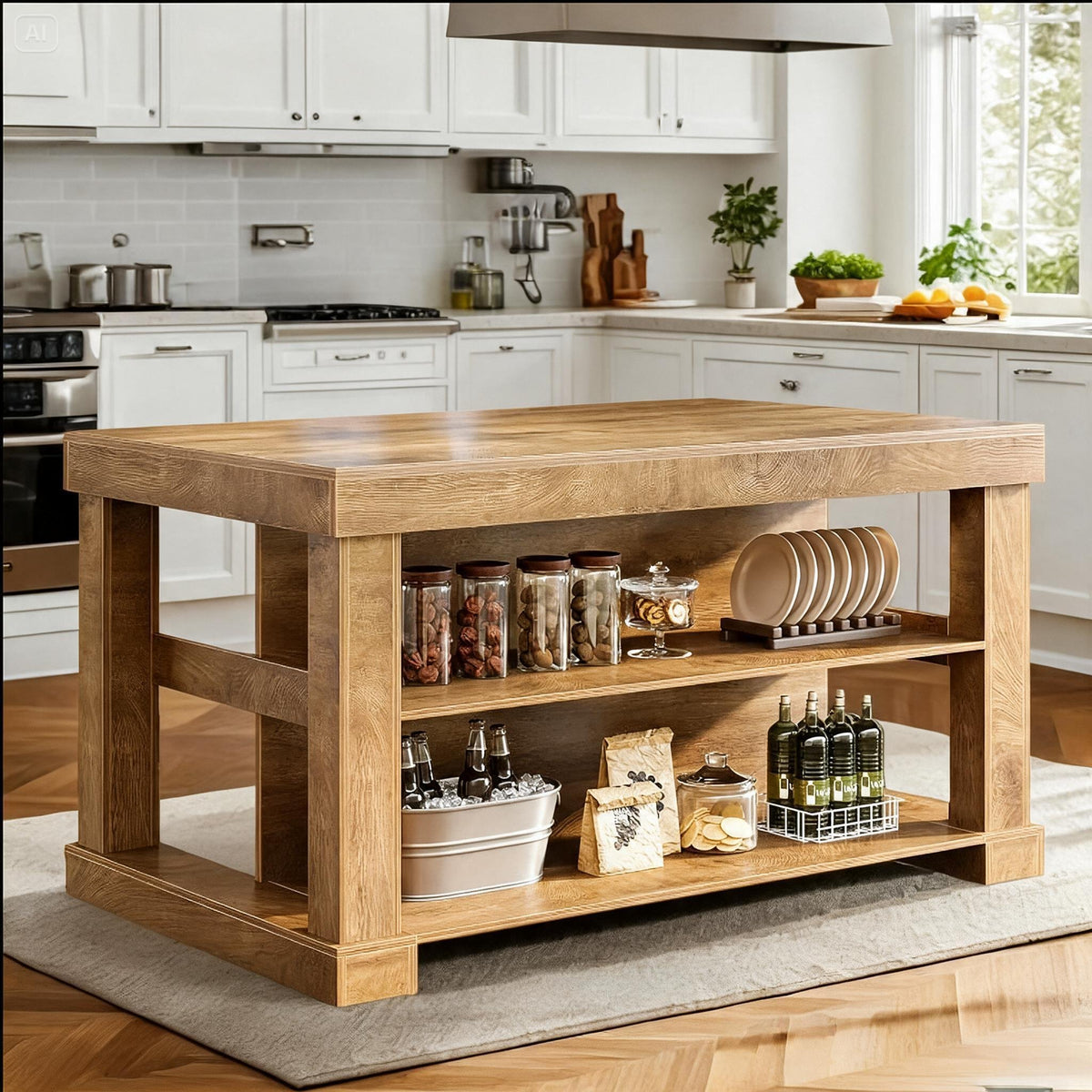 55" Farmhouse Kitchen Island with 3-Tier Storage & Large Countertop