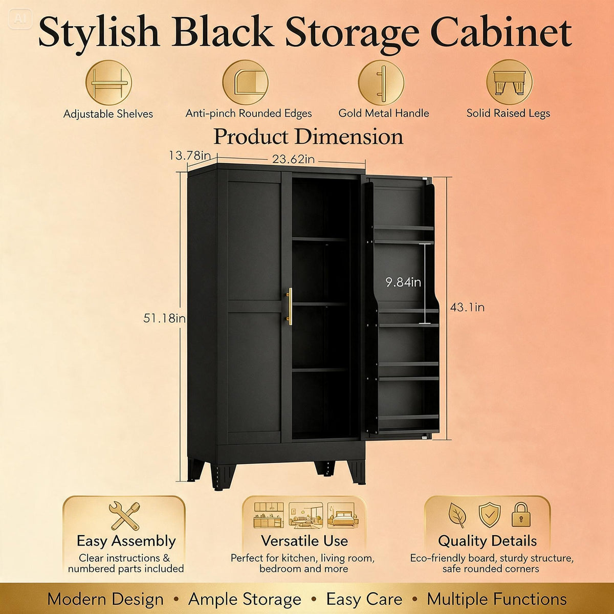 48" Black Steel Pantry Cabinet with Adjustable Shelves