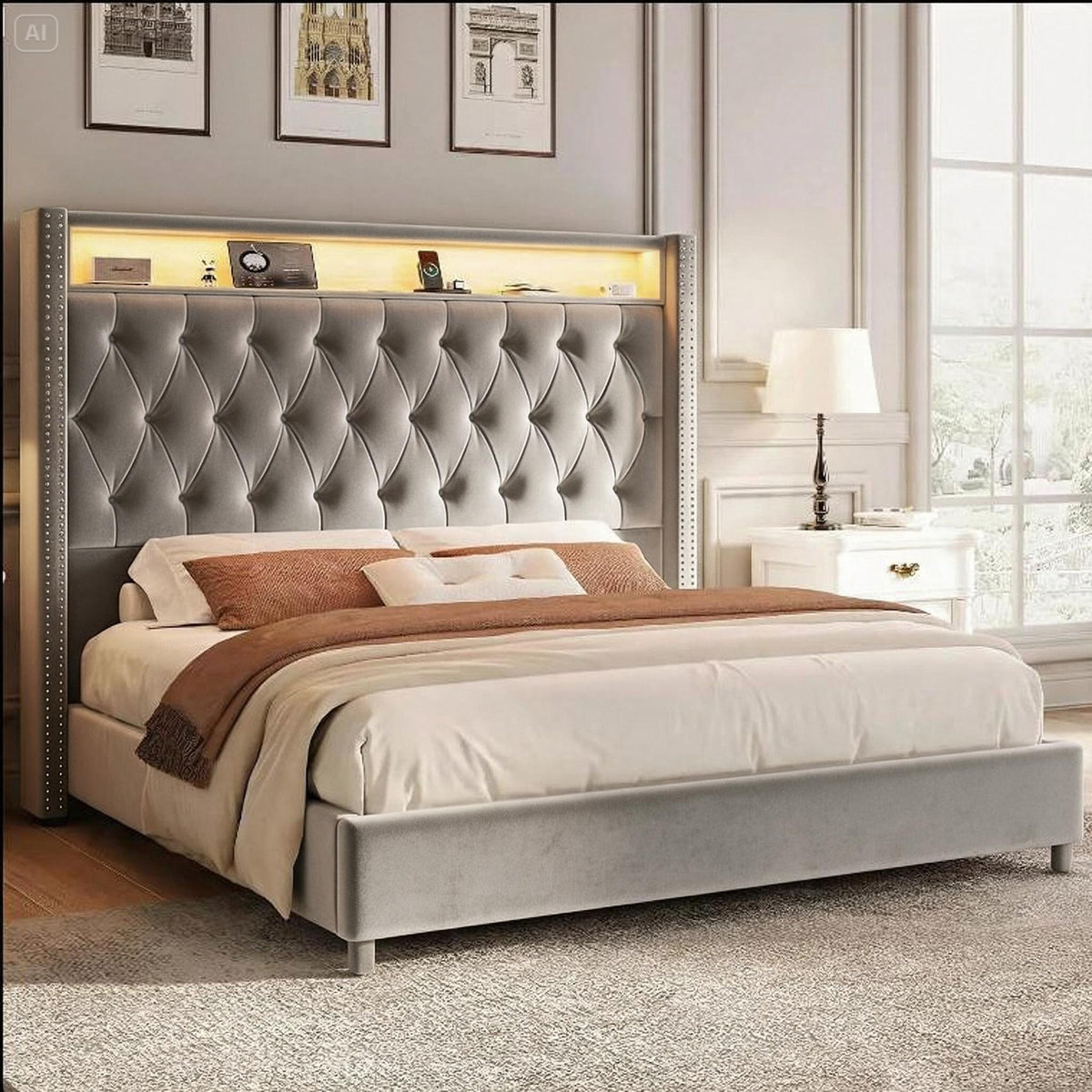 King Bed Frame with 53" Velvet Headboard, RGB LED & USB Charging Ports