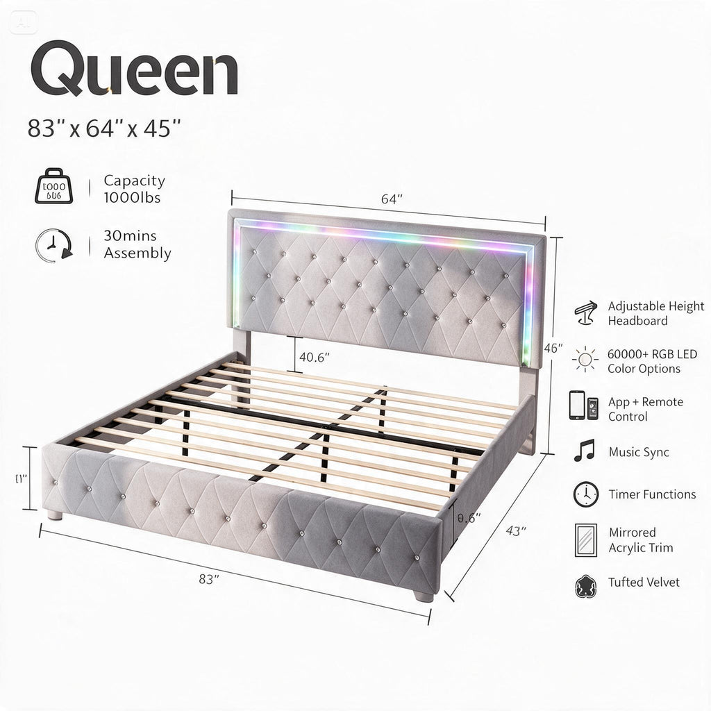 Queen Bed Frame with RGB LED Velvet Headboard