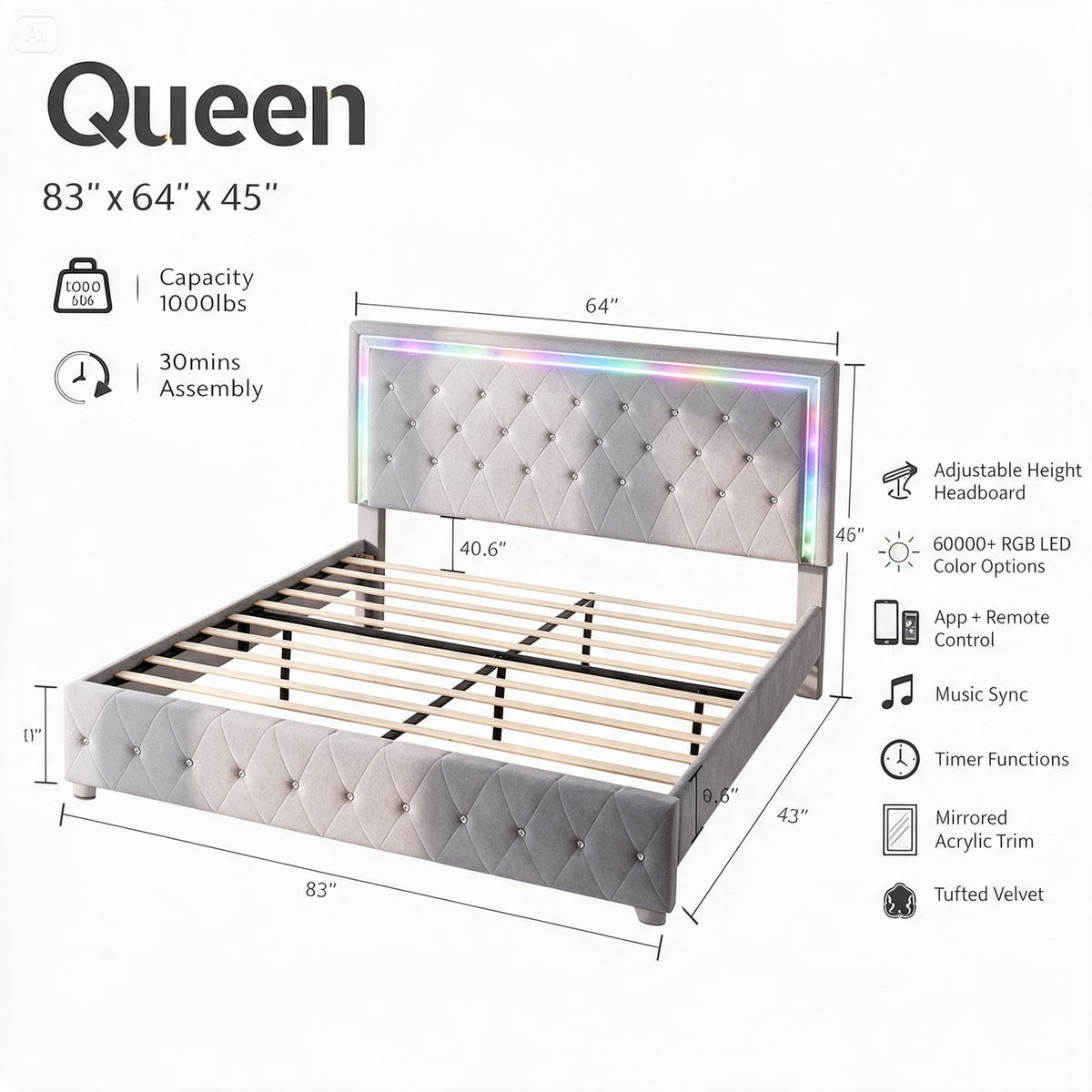 Queen Bed Frame with RGB LED Velvet Headboard
