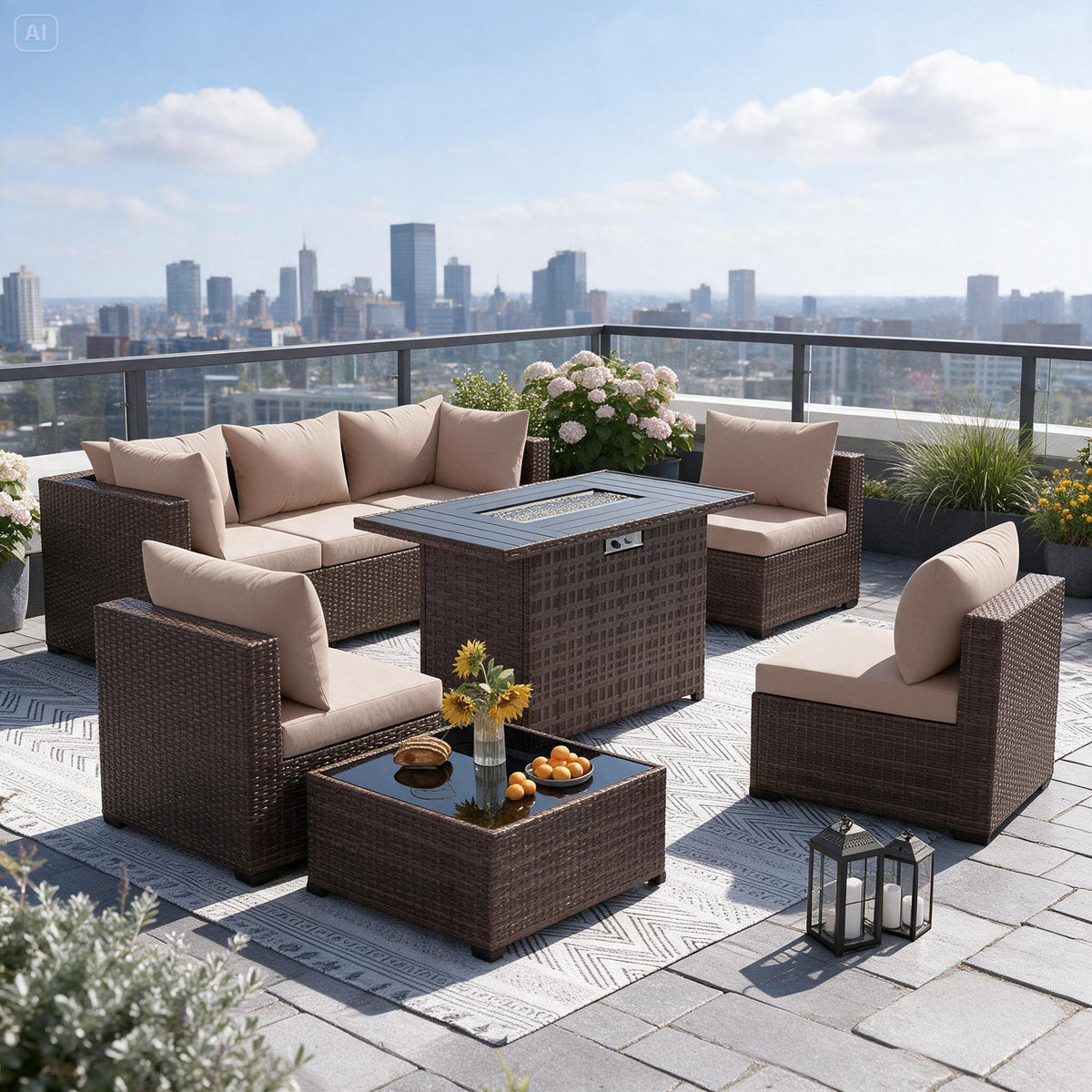 8-Piece Wicker Patio Sectional Set with Fire Pit Table