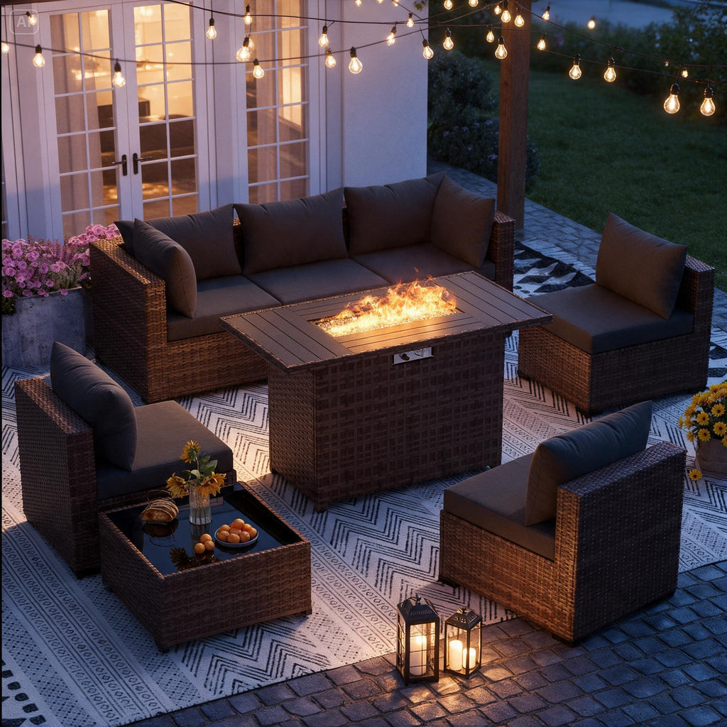 8-Piece Wicker Patio Sectional Set with Fire Pit Table