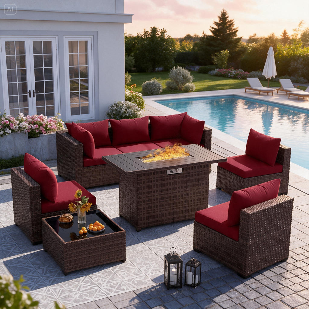 8-Piece Wicker Patio Sectional Set with Fire Pit Table