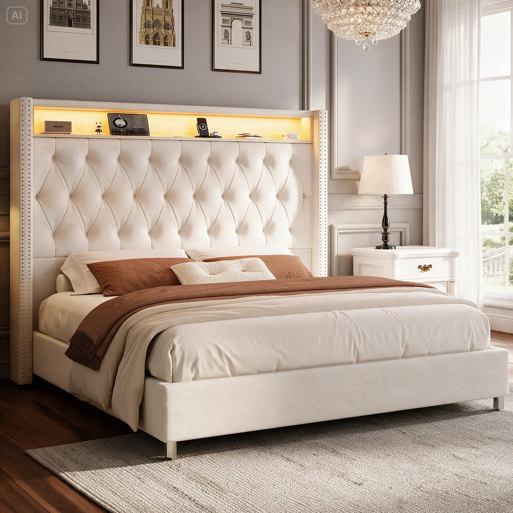 King Bed Frame with 53" Velvet Headboard, RGB LED & USB Charging Ports